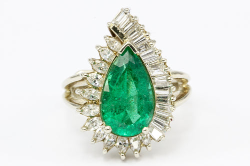 14K Yellow Gold GIA 3.5 Carat Pear Shaped Emerald and Diamond Halo Ring - Queen May