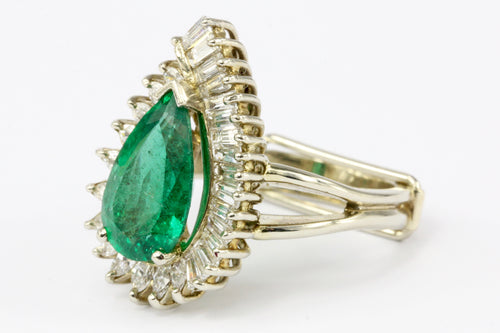 14K Yellow Gold GIA 3.5 Carat Pear Shaped Emerald and Diamond Halo Ring - Queen May