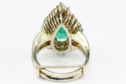 14K Yellow Gold GIA 3.5 Carat Pear Shaped Emerald and Diamond Halo Ring - Queen May