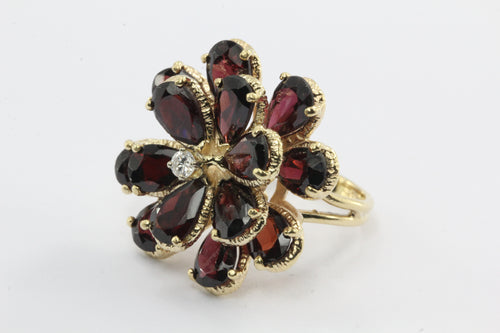 Vintage Retro Chunky 14K Gold Floral Flower Garnet & Diamond Ring - Queen May