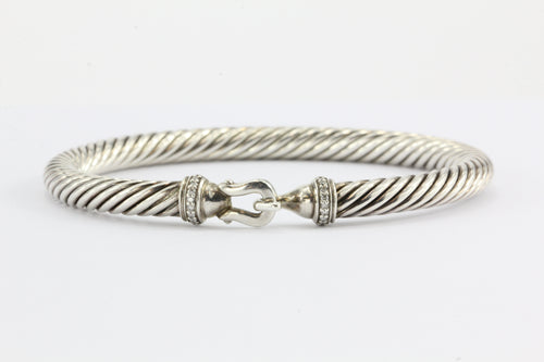 David Yurman Sterling Silver & Diamond Cable Bangle Bracelet 5mm - Queen May