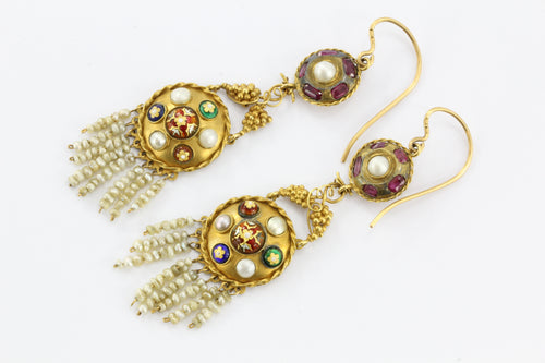 Victorian Austro-Hungarian 18k Gold Ruby Pearl Enamel Chandelier Earrings c.1890 - Queen May