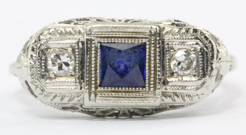Art Deco 14k White Gold Filigree French Cut Sapphire and Diamond Ring - Queen May