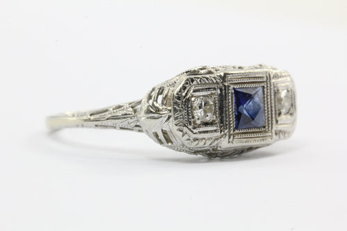 Art Deco 14k White Gold Filigree French Cut Sapphire and Diamond Ring - Queen May