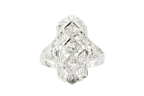 Art Deco 18K White Gold .25 CTW Diamond Shield Ring - Queen May