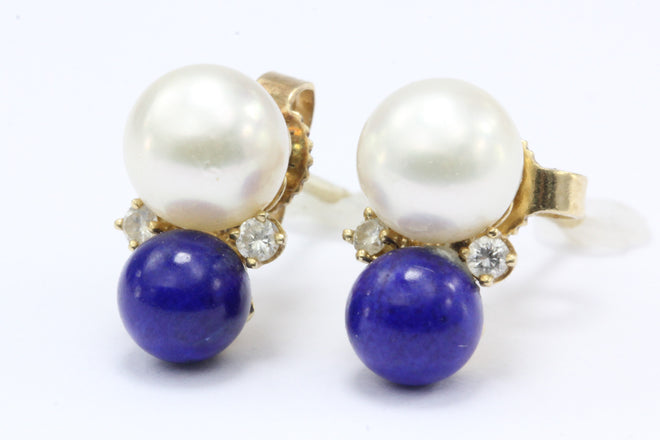 Vintage Tiffany & Co 14k Gold Pearl, Diamond & Lapis Earring Studs - Queen May