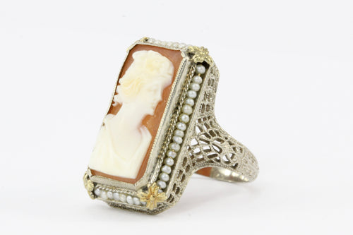 Art Deco White & Yellow Gold Filigree Cameo and Seed Pearl Ring - Queen May