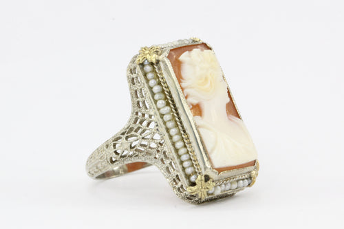 Art Deco White & Yellow Gold Filigree Cameo and Seed Pearl Ring - Queen May