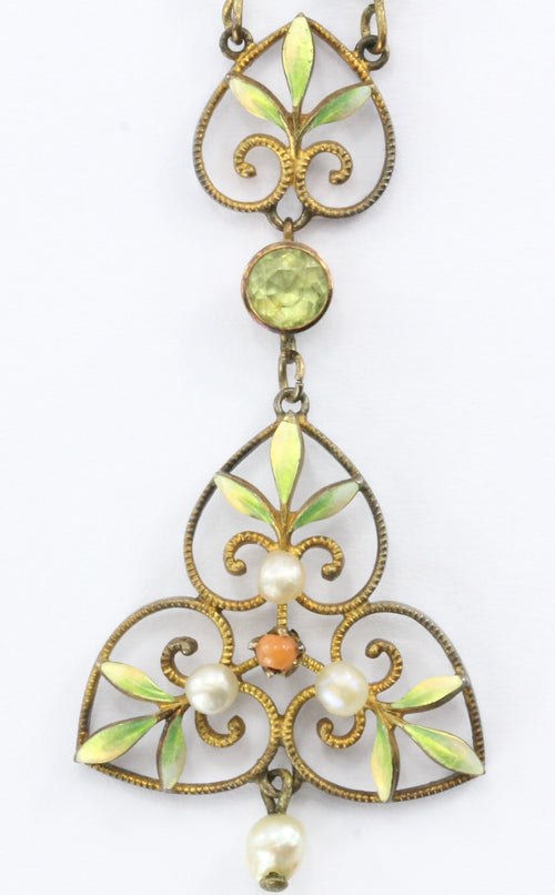 Art Nouveau 14K Gold Peridot, Coral, Pearl and Enamel Lavaliere - Queen May