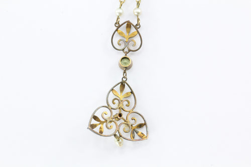 Art Nouveau 14K Gold Peridot, Coral, Pearl and Enamel Lavaliere - Queen May