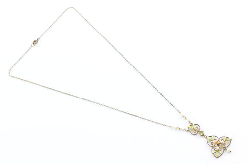 Art Nouveau 14K Gold Peridot, Coral, Pearl and Enamel Lavaliere - Queen May