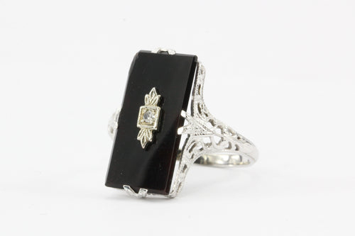 Art Deco 14K White Gold Black Onyx and .01 CT Single Cut Diamond Ring - Queen May