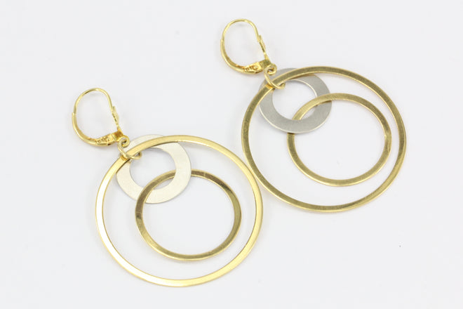 18K Yellow and White Gold Triple Hoop Dangle Earrings - Queen May