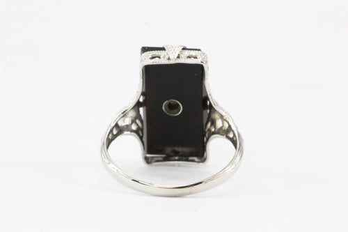 Art Deco 14K White Gold Black Onyx and .01 CT Single Cut Diamond Ring - Queen May