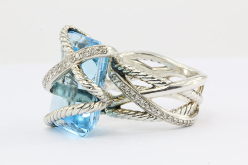 David Yurman Sterling Silver Cable Wrap Blue Topaz & Diamond Ring - Queen May