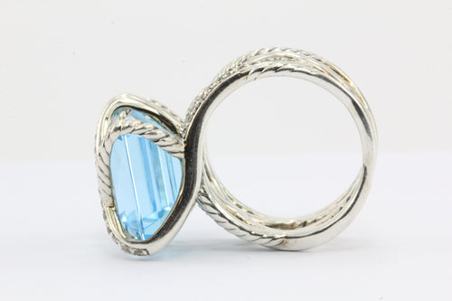 David Yurman Sterling Silver Cable Wrap Blue Topaz & Diamond Ring - Queen May