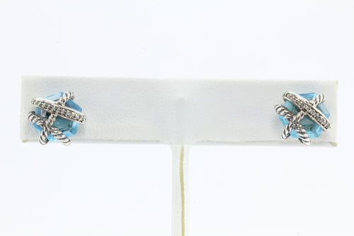 David Yurman Cable Wrap Sterling Silver Blue Topaz Diamond Earrings - Queen May