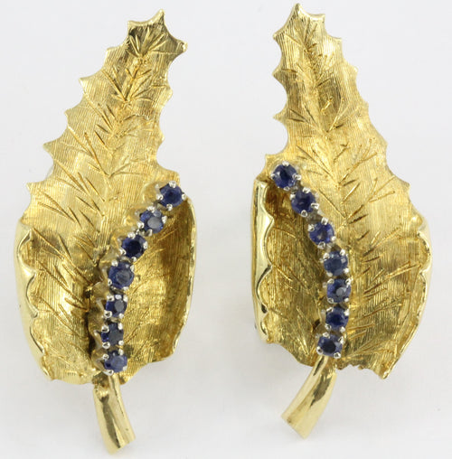 Vintage Mid Century Hollywood Regency 18K Gold & Sapphire Figural Leaf Earrings - Queen May