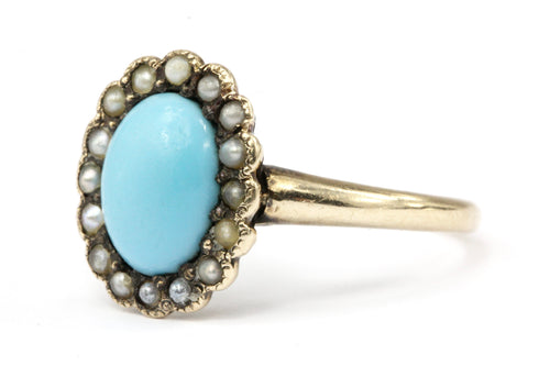 Victorian 10K Yellow Gold Turquoise & Seed Pearl Ring Size 4.75 - Queen May