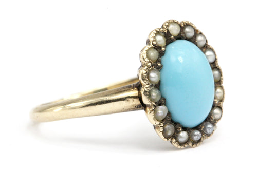 Victorian 10K Yellow Gold Turquoise & Seed Pearl Ring Size 4.75 - Queen May