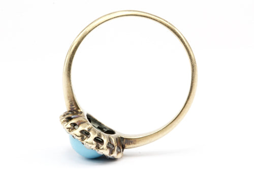 Victorian 10K Yellow Gold Turquoise & Seed Pearl Ring Size 4.75 - Queen May