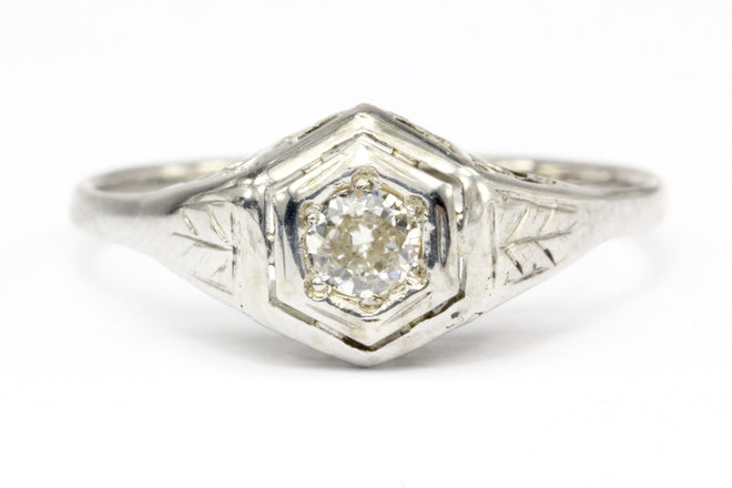 Art Deco 18K & 14K White Gold Diamond in Hexagonal Setting Engagement Ring Size 5.25 - Queen May