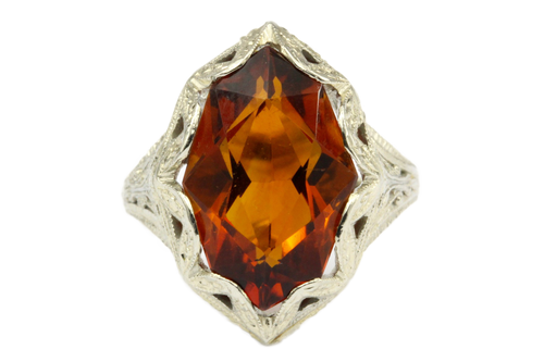 Art Deco 18K White Gold Filigree Orange Citrine Ring Size 4.5 - Queen May