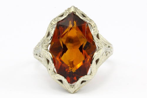 Art Deco 18K White Gold Filigree Orange Citrine Ring Size 4.5 - Queen May