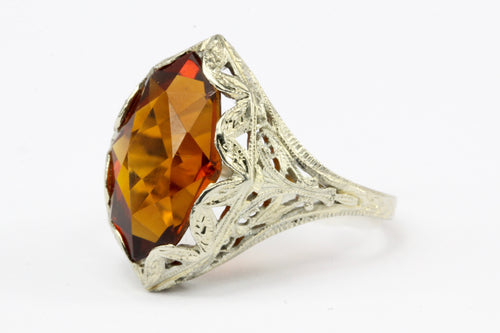 Art Deco 18K White Gold Filigree Orange Citrine Ring Size 4.5 - Queen May