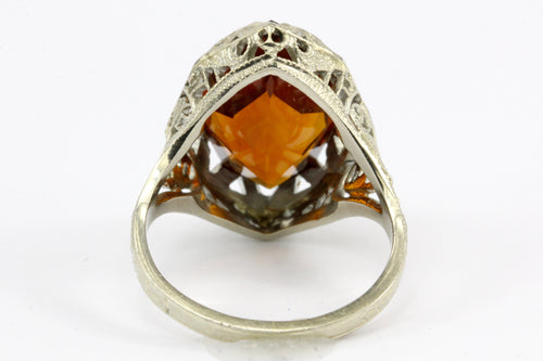 Art Deco 18K White Gold Filigree Orange Citrine Ring Size 4.5 - Queen May