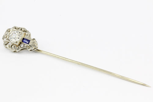 Art Deco 18K White Gold Old European Cut Diamond and Sapphire Stick Pin - Queen May