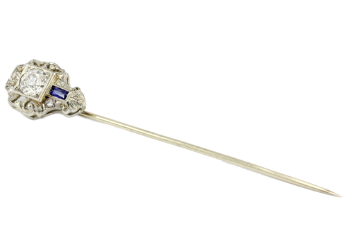 Art Deco 18K White Gold Old European Cut Diamond and Sapphire Stick Pin - Queen May