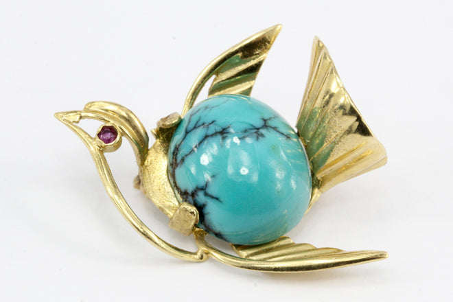 Vintage 14K Yellow Gold Turquoise Bird Pin - Queen May