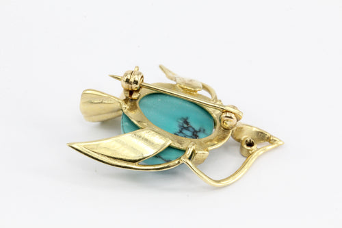 Vintage 14K Yellow Gold Turquoise Bird Pin - Queen May