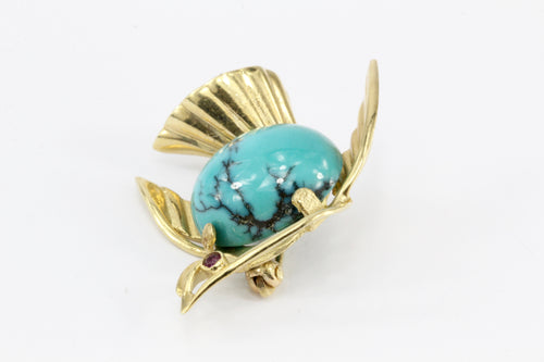 Vintage 14K Yellow Gold Turquoise Bird Pin - Queen May