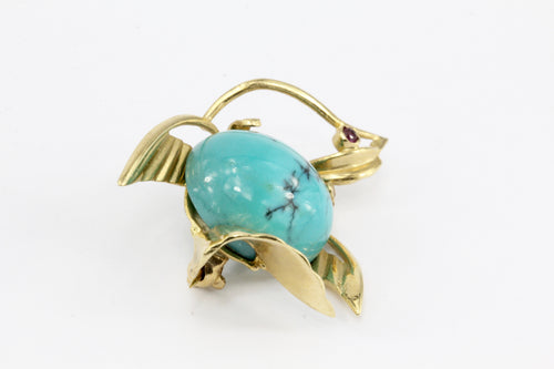 Vintage 14K Yellow Gold Turquoise Bird Pin - Queen May