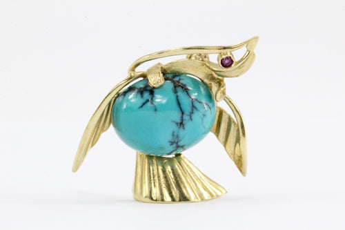 Vintage 14K Yellow Gold Turquoise Bird Pin - Queen May