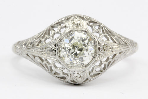 Art Deco 19K White Gold Diamond Filigree Engagement Ring Size 6.5 - Queen May