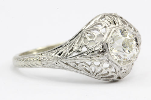 Art Deco 19K White Gold Diamond Filigree Engagement Ring Size 6.5 - Queen May