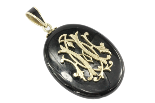 Victorian Sterling Silver & Onyx Monogrammed Letter H Locket - Queen May