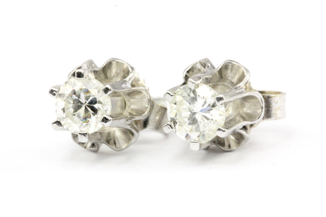 14K White Gold .30 CTW Diamond Six Prong Belcher Set Stud Earrings - Queen May