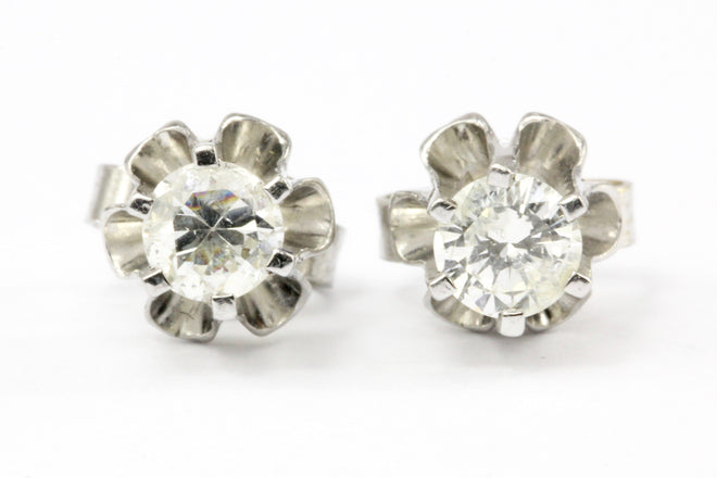 14K White Gold .30 CTW Diamond Six Prong Belcher Set Stud Earrings - Queen May