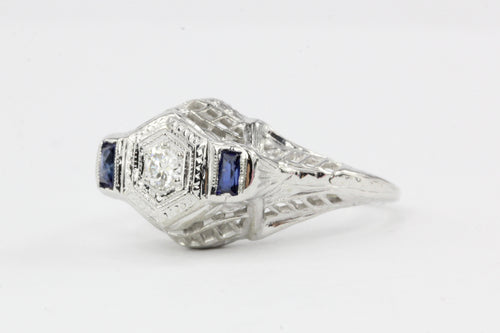 Art Deco 18K White Gold Diamond  & French Cut Sapphires Engagement Ring - Queen May