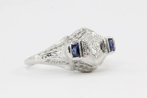 Art Deco 18K White Gold Diamond  & French Cut Sapphires Engagement Ring - Queen May