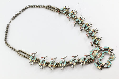 Linette Laiwakete Zuni Peyote Bird Squash Blossom Sterling Silver Necklace - Queen May