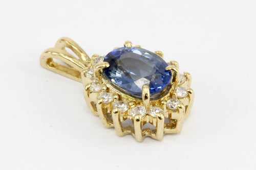 14K Yellow Gold Natural Unheated Intense Blue Sapphire and Diamond Pendant Necklace - Queen May