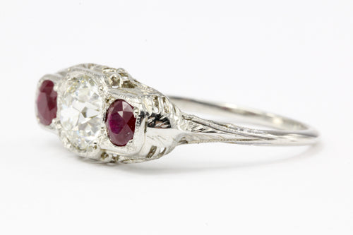 Art Deco 14K White Gold Old European Cut GIA Certified Diamond Ruby Ring c.1920's - Queen May