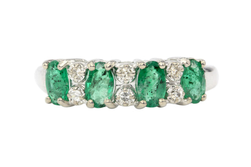 14K White Gold 1 Carat Emerald and Diamond Band - Queen May