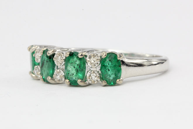 14K White Gold 1 Carat Emerald and Diamond Band - Queen May