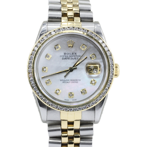 Men's Diamond Rolex Oyster Perpetual Datejust 18K Gold & Stainless Steel  Watch White Dial